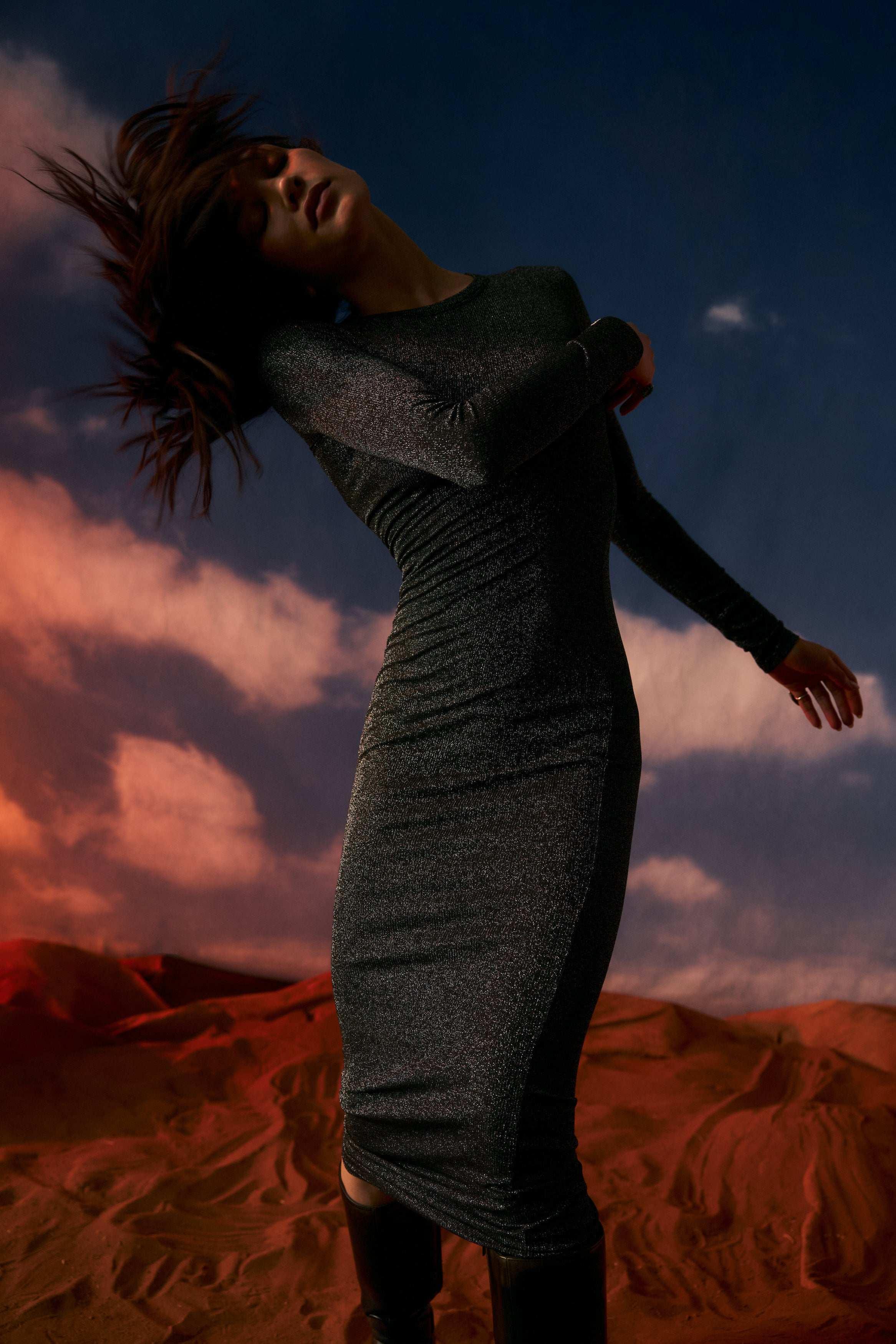 Black Metallic Ribbed Long Sleeve Maxi Dress - MUMA WORLD