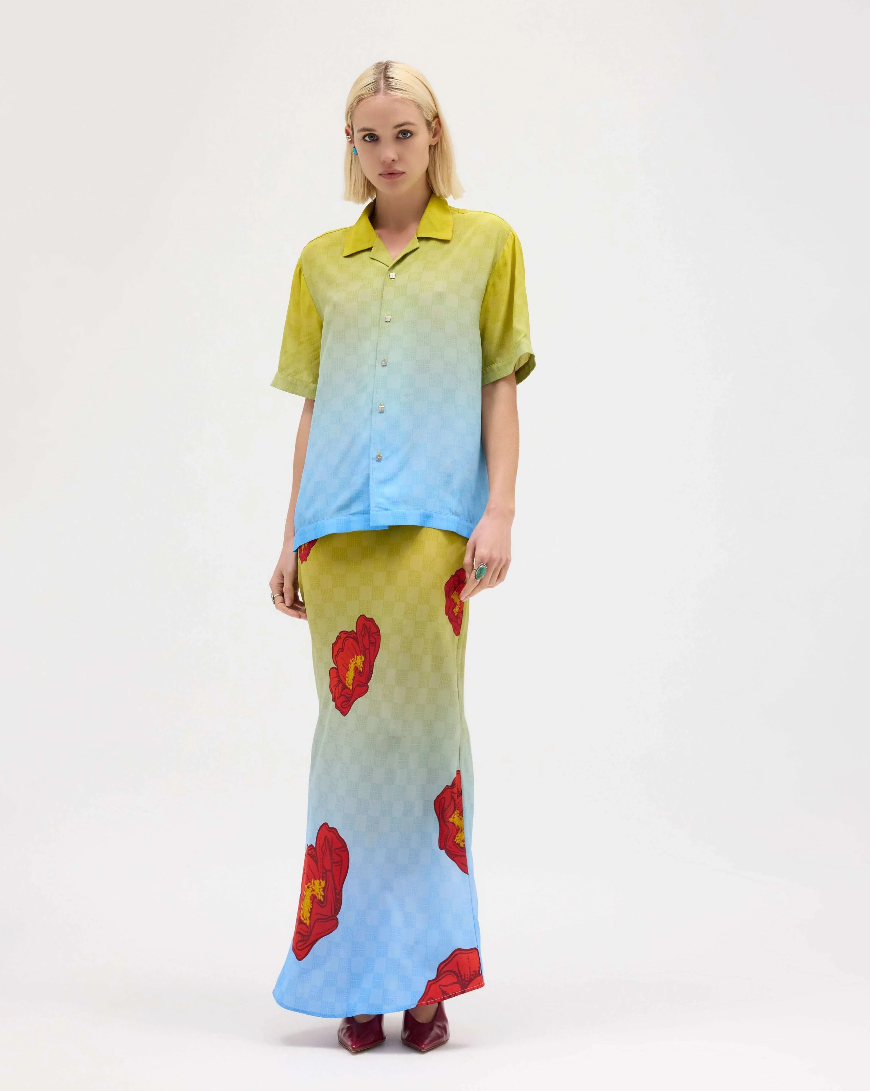 Cactus Rose Silk Chiffon Short Sleeve Shirt - MUMA WORLD