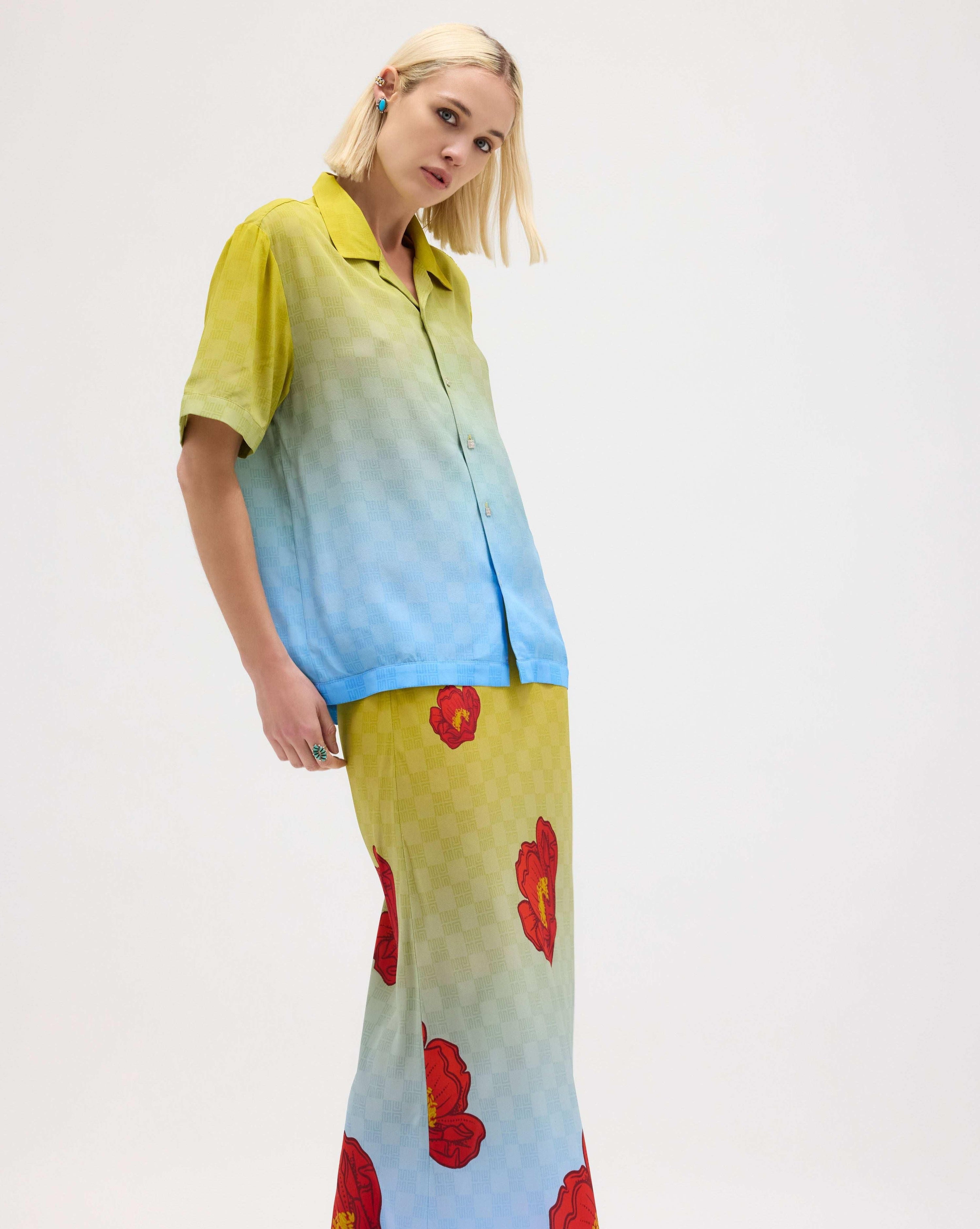 Cactus Rose Silk Chiffon Short Sleeve Shirt - MUMA WORLD