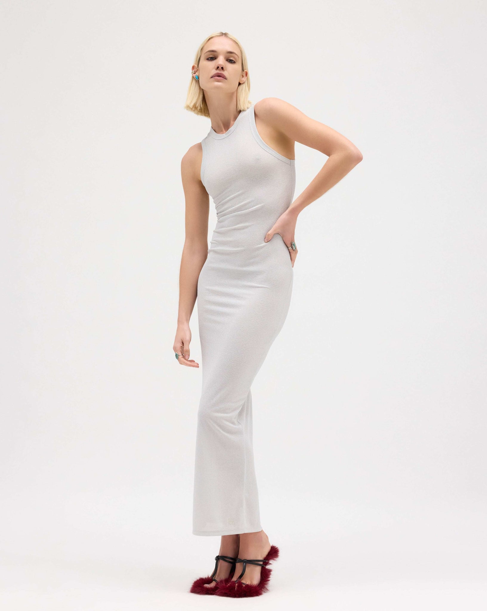 Silver Metallic Ribbed Maxi Dress
