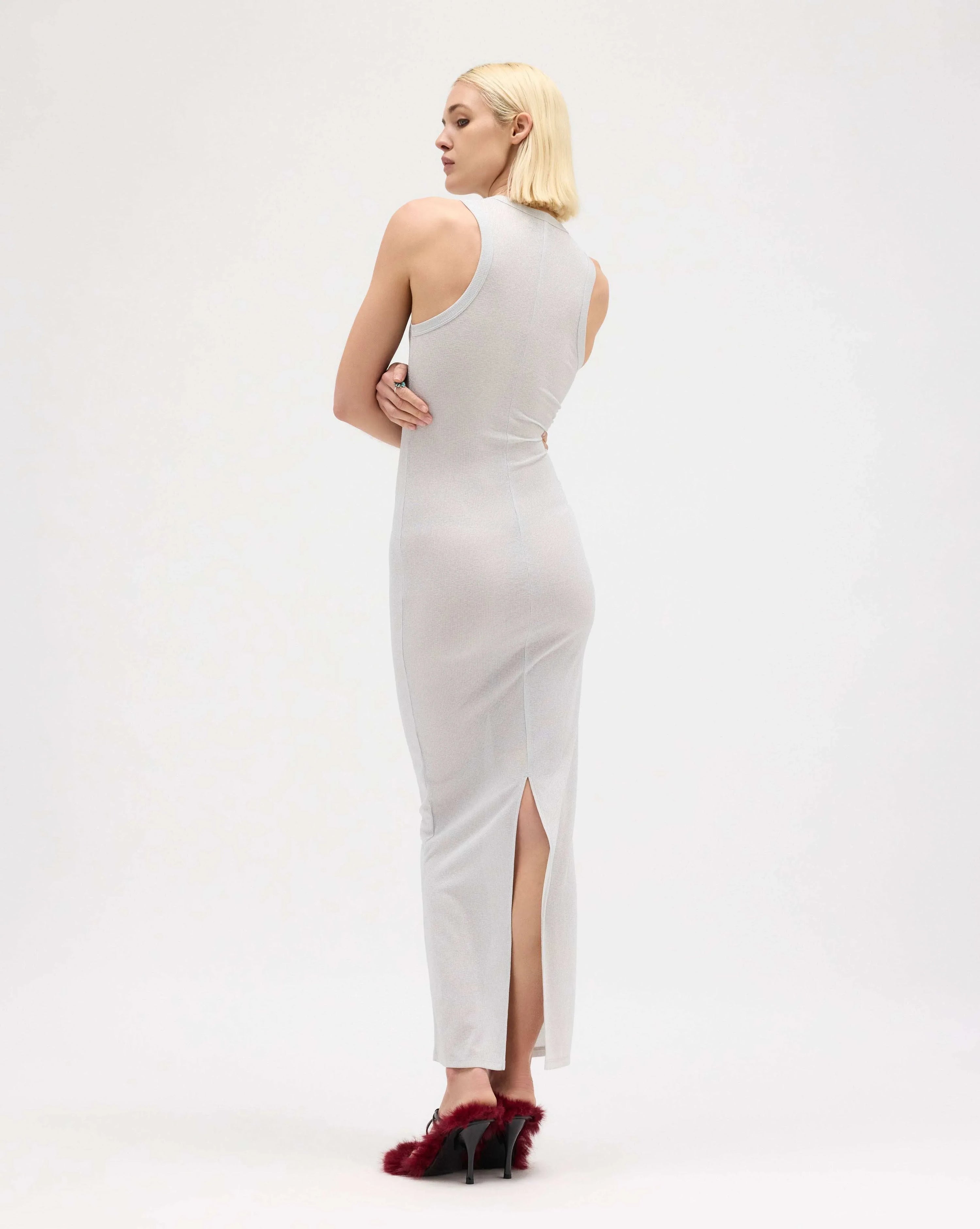 Silver Metallic Ribbed Maxi Dress - MUMA WORLD