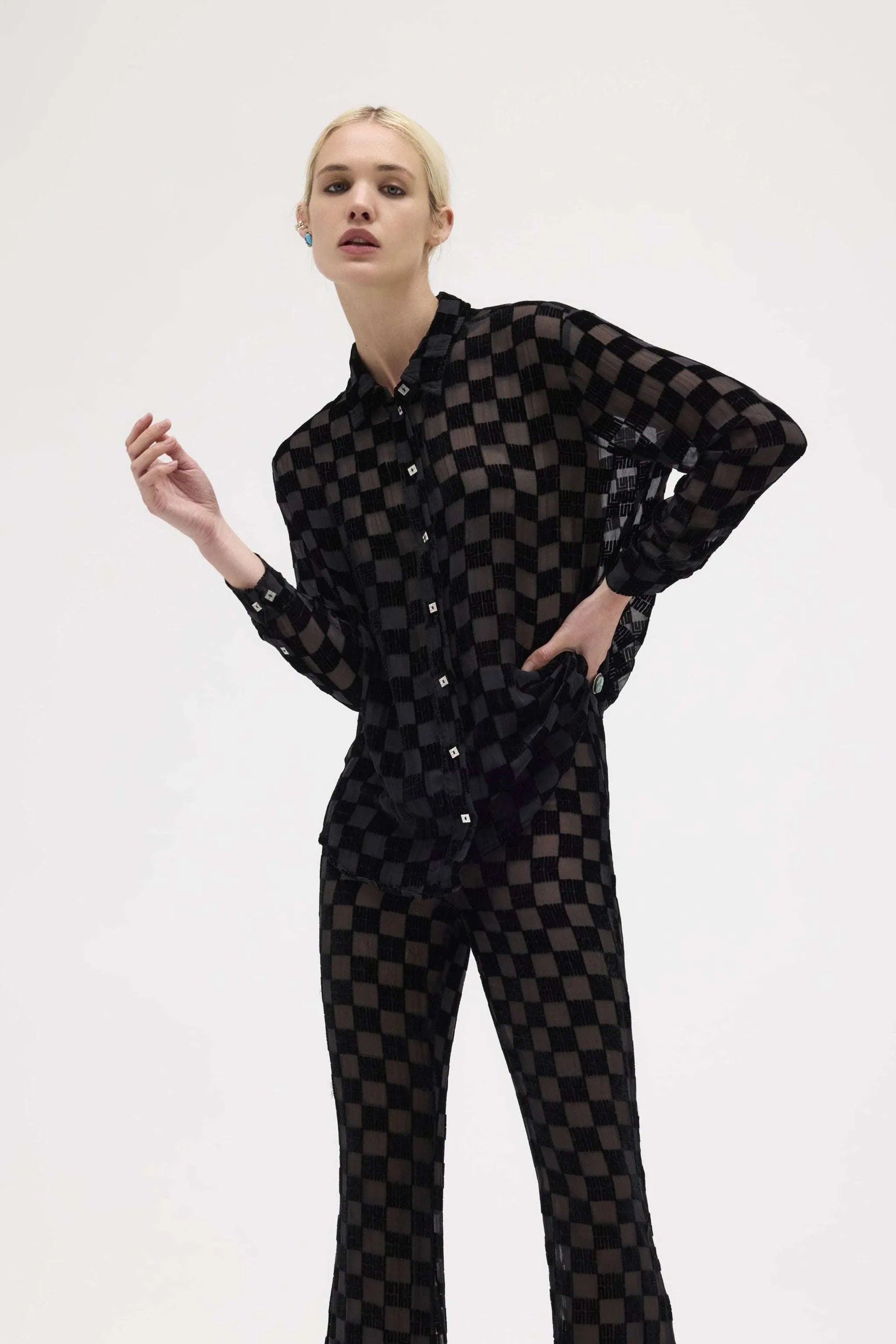 Night Silk Velvet Check Long Sleeve Shirt - MUMA WORLD