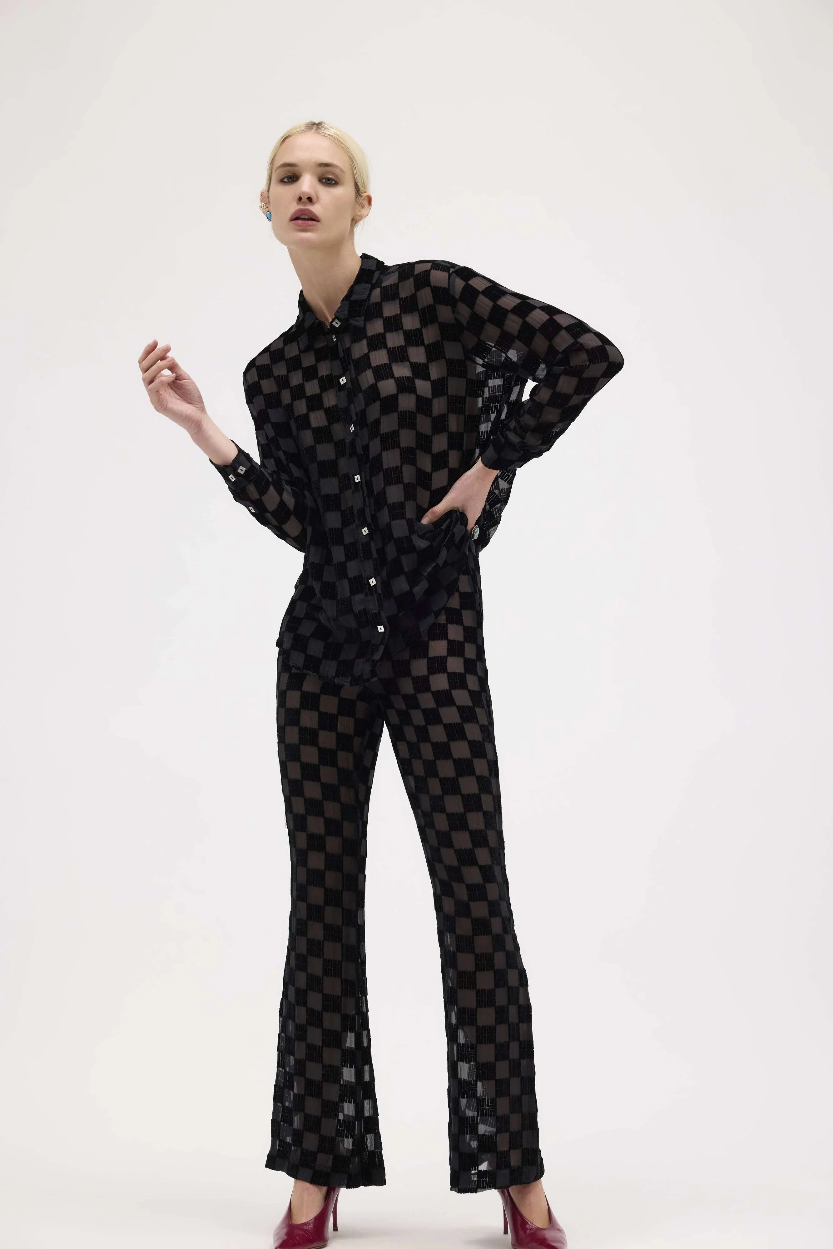 Black Silk Velvet Check Pants - MUMA WORLD