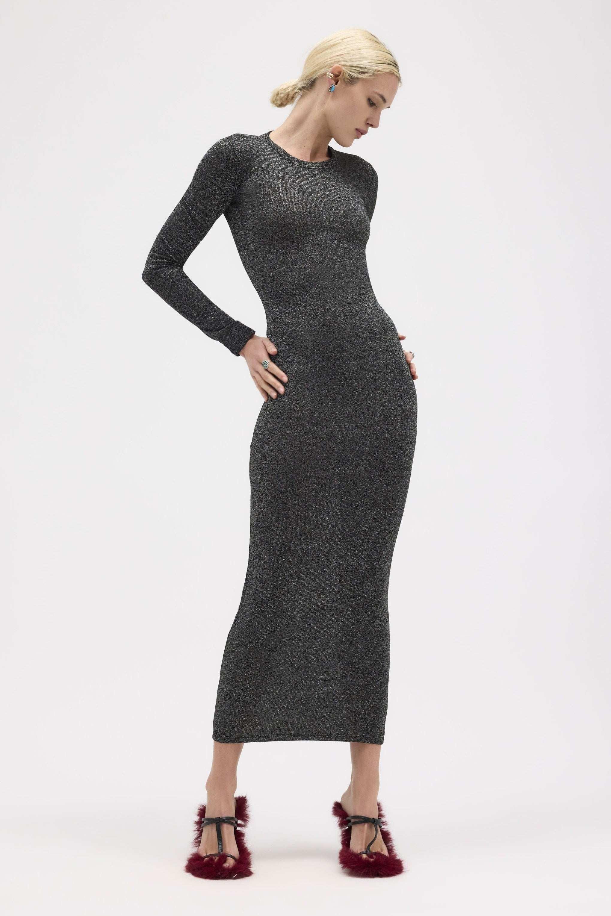Black Metallic Ribbed Long Sleeve Maxi Dress - MUMA WORLD