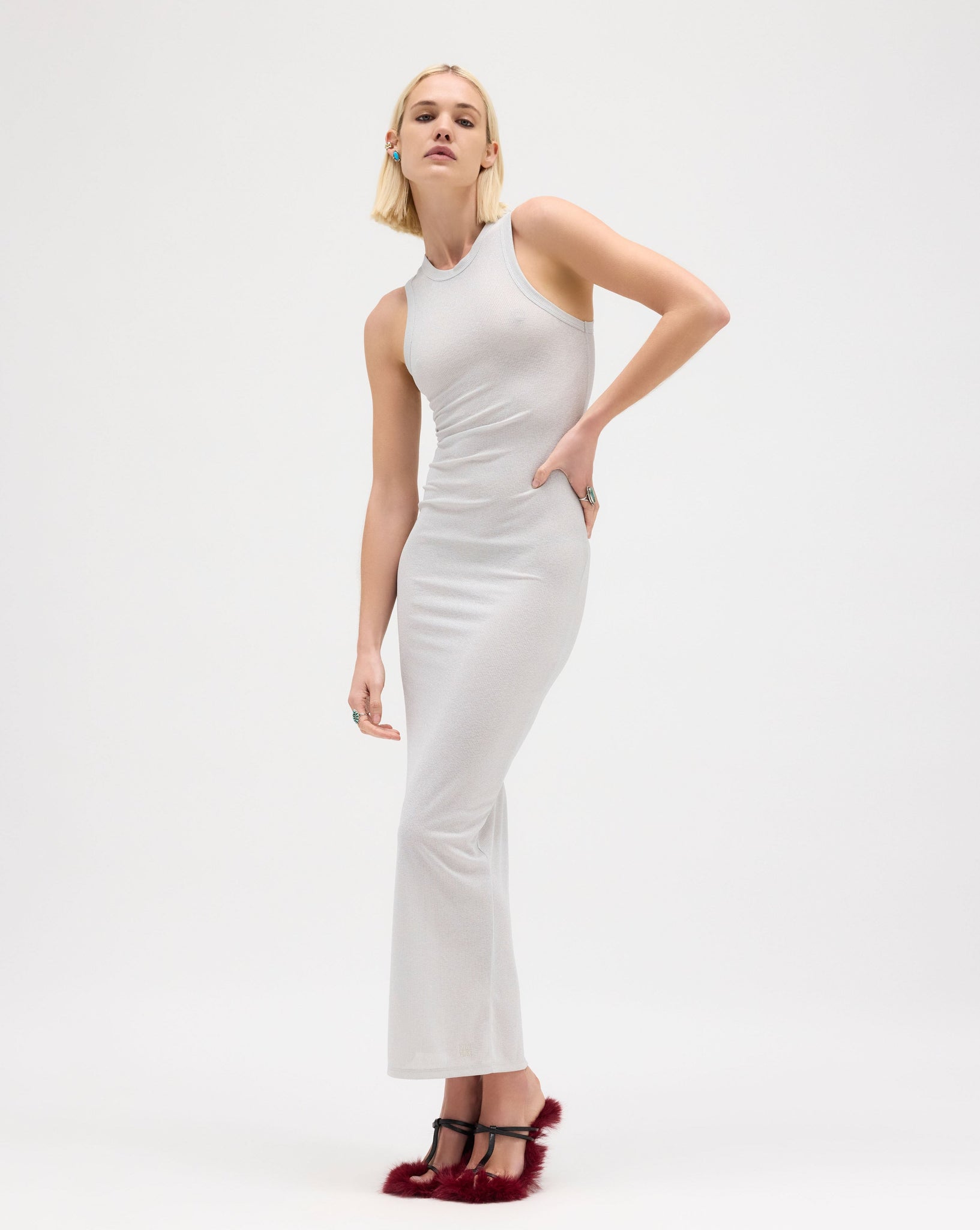 Silver Metallic Ribbed Maxi Dress