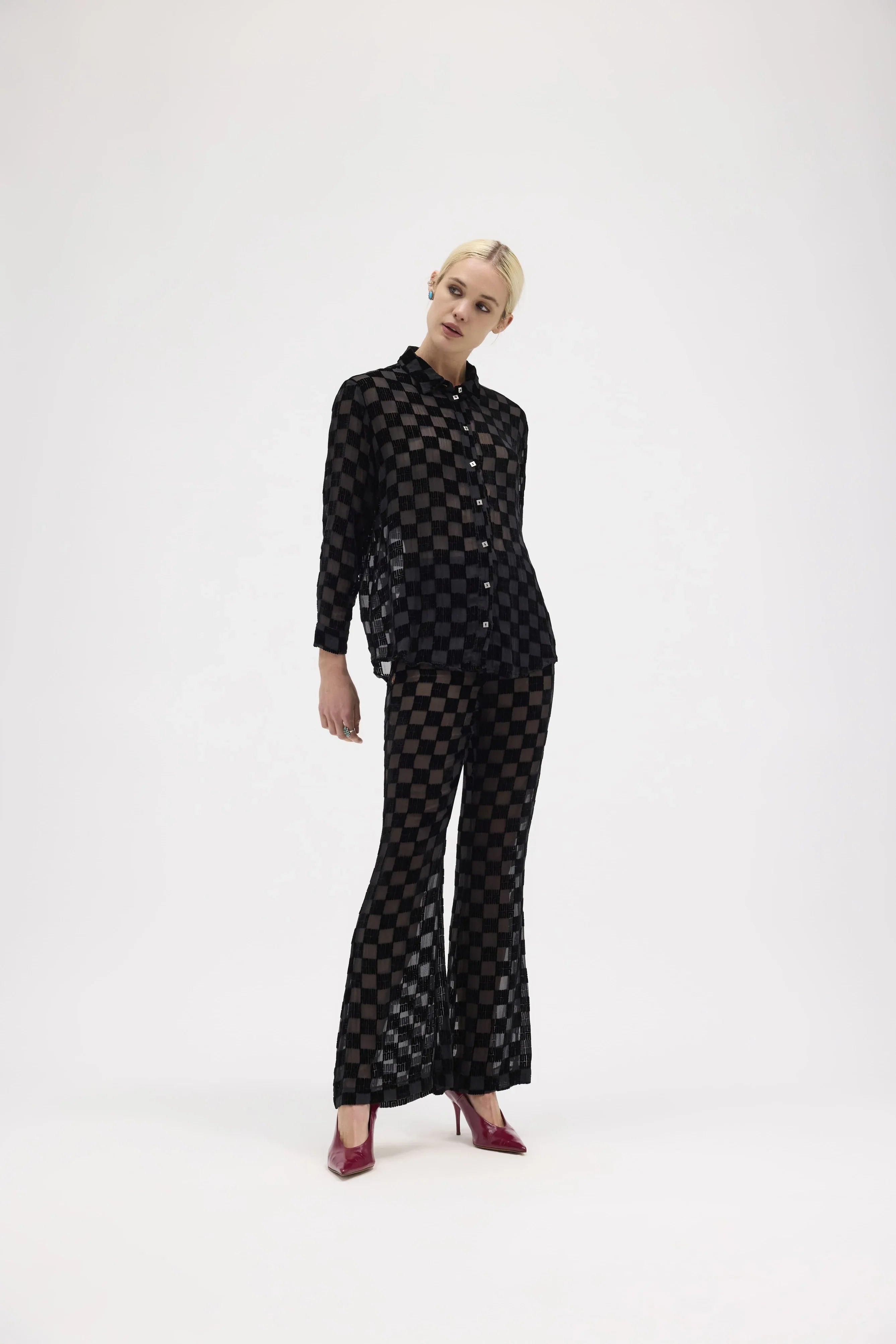 Black Silk Velvet Check Pants - MUMA WORLD