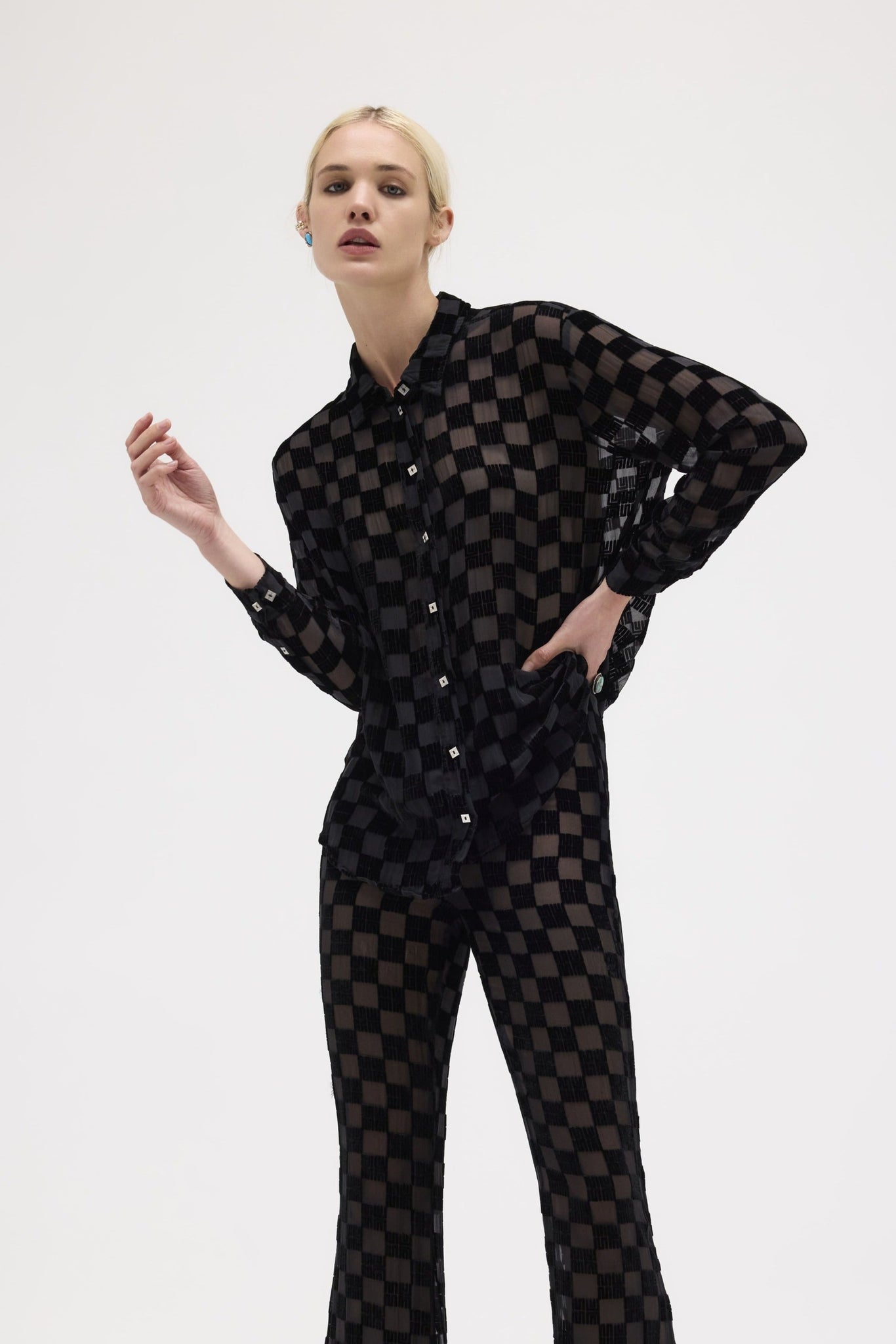 Night Silk Velvet Check Long Sleeve Shirt