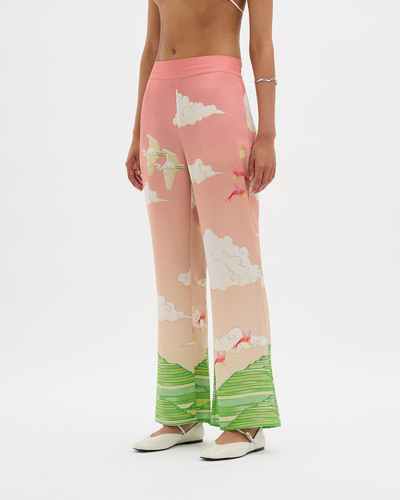 Eden Illustrated Pink Silk Chiffon Pant